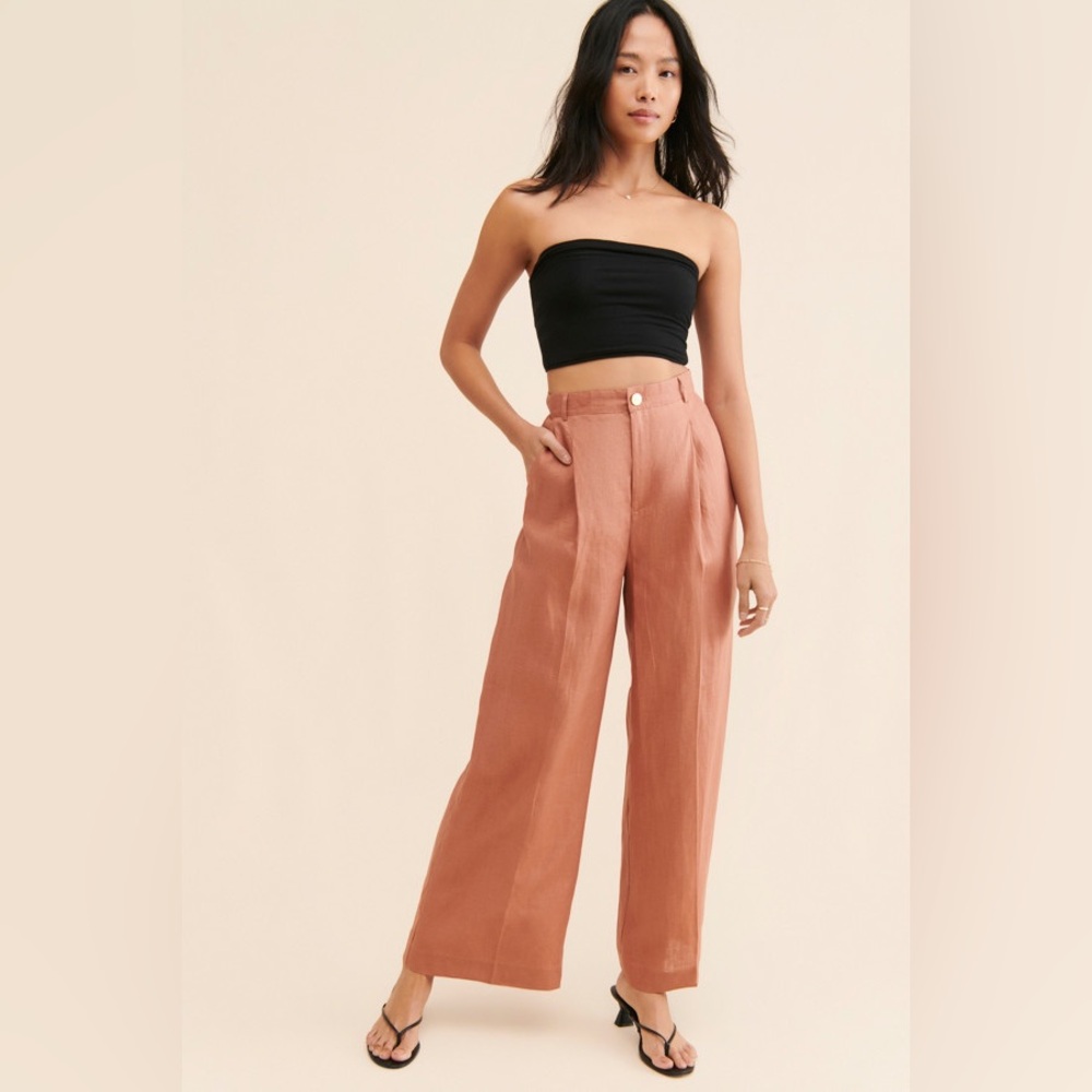MinkPink Dylan Peach Wide-Leg Linen Pants Small Cottagecore Spring Earthy